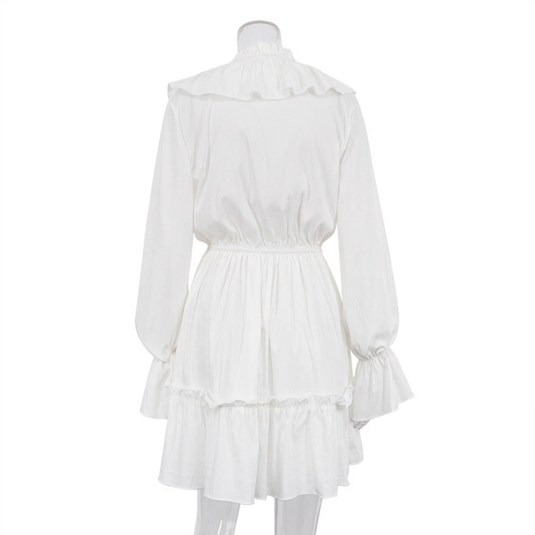 White Horizon V Yaka Volanlı Mini Elbise
