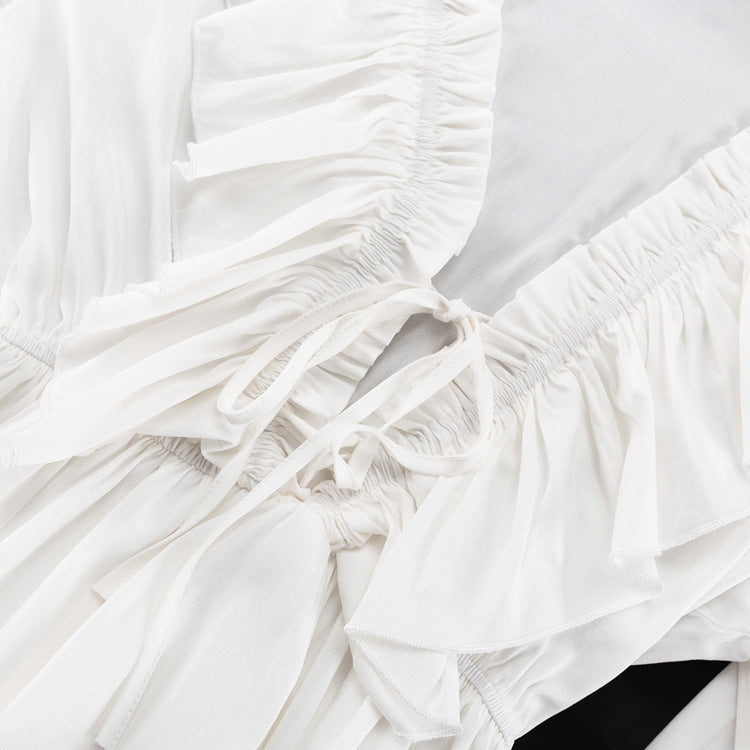 White Horizon V Yaka Volanlı Mini Elbise