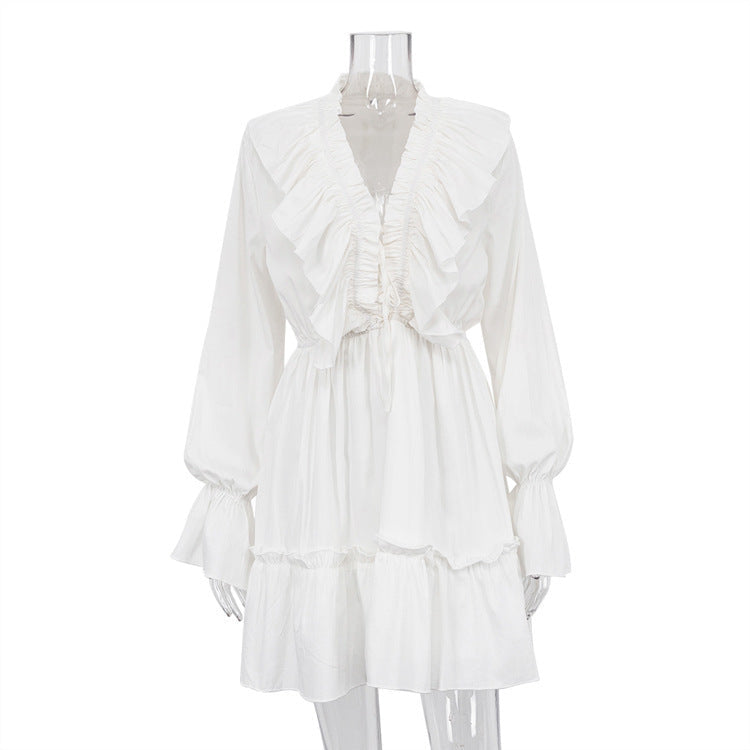 White Horizon V Yaka Volanlı Mini Elbise