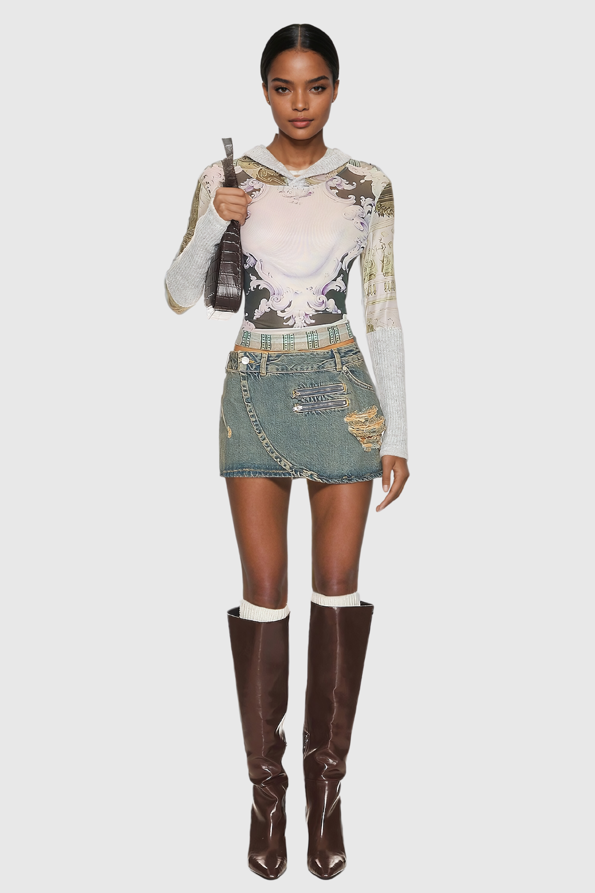 Abcde Baskı Kapüşonlu Bodycon Üst