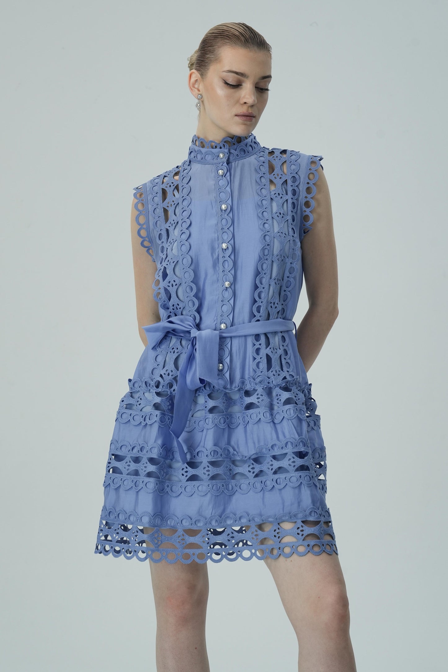 Blue Lace Mini Kemerli Elbise