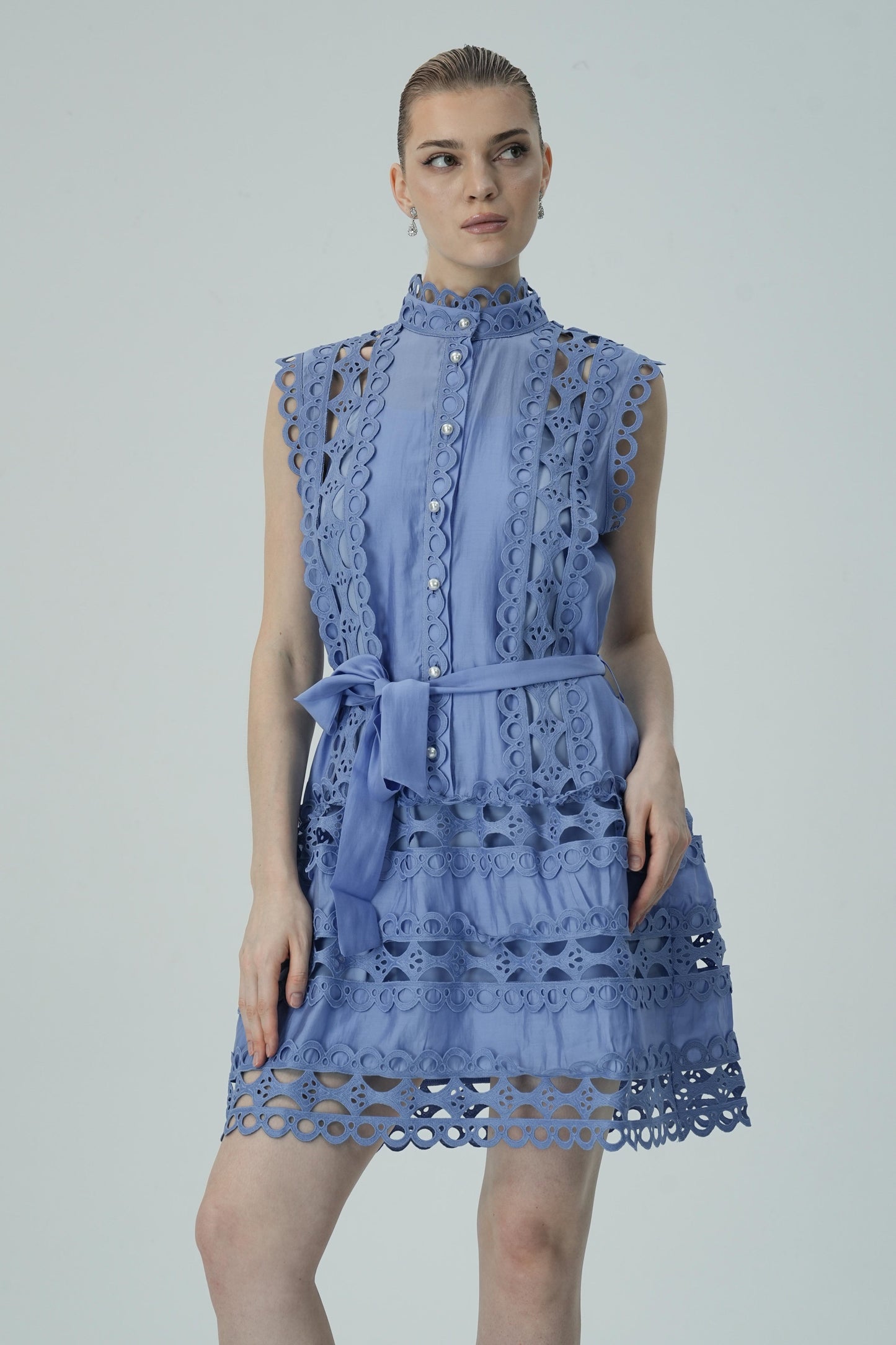 Blue Lace Mini Kemerli Elbise