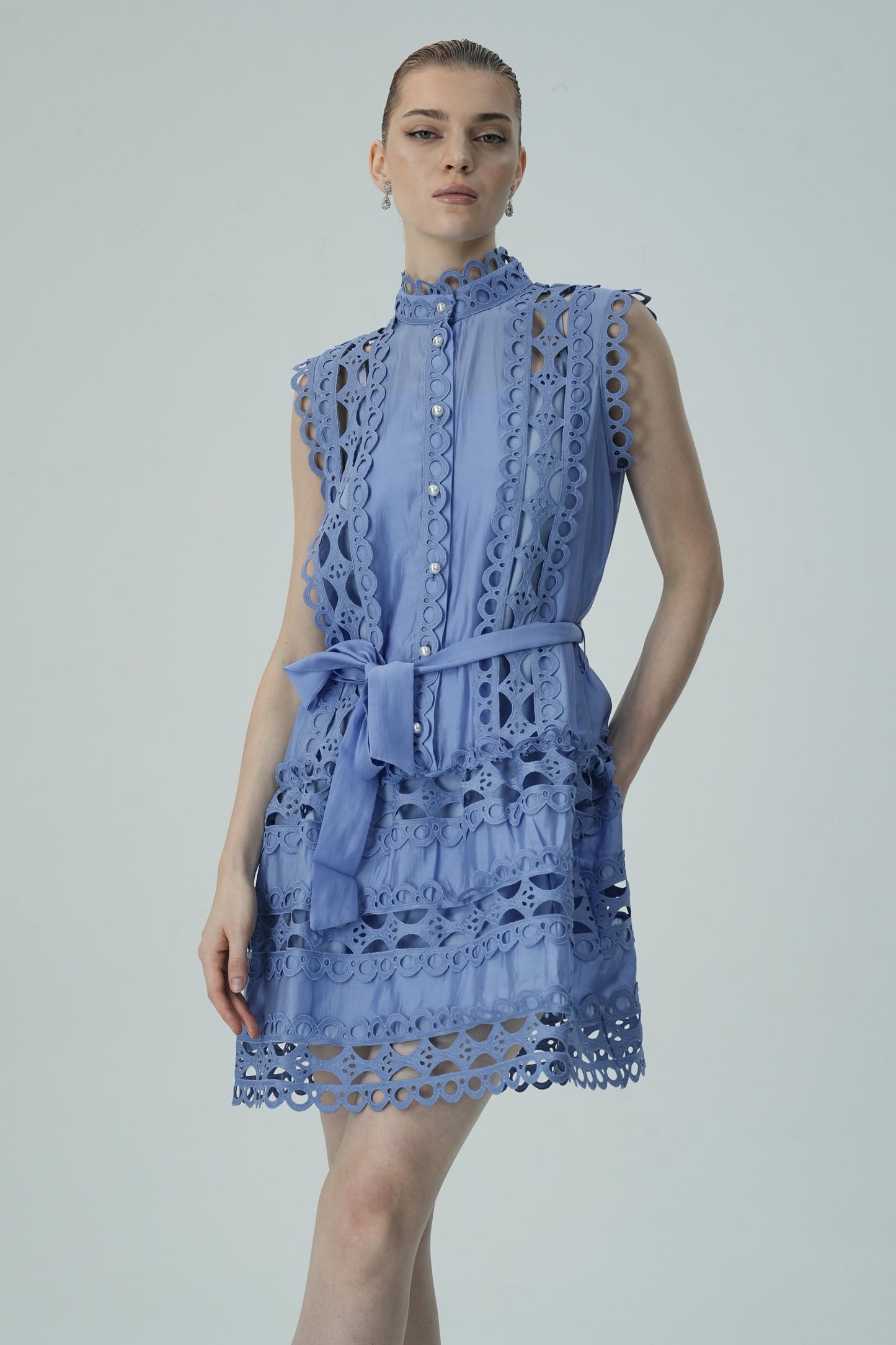 Blue Lace Mini Kemerli Elbise