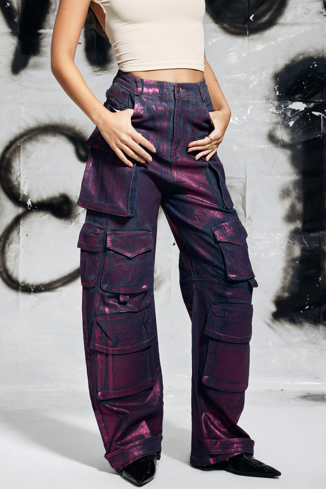 Jade Patal Mor Metalik Kargo Pantolon