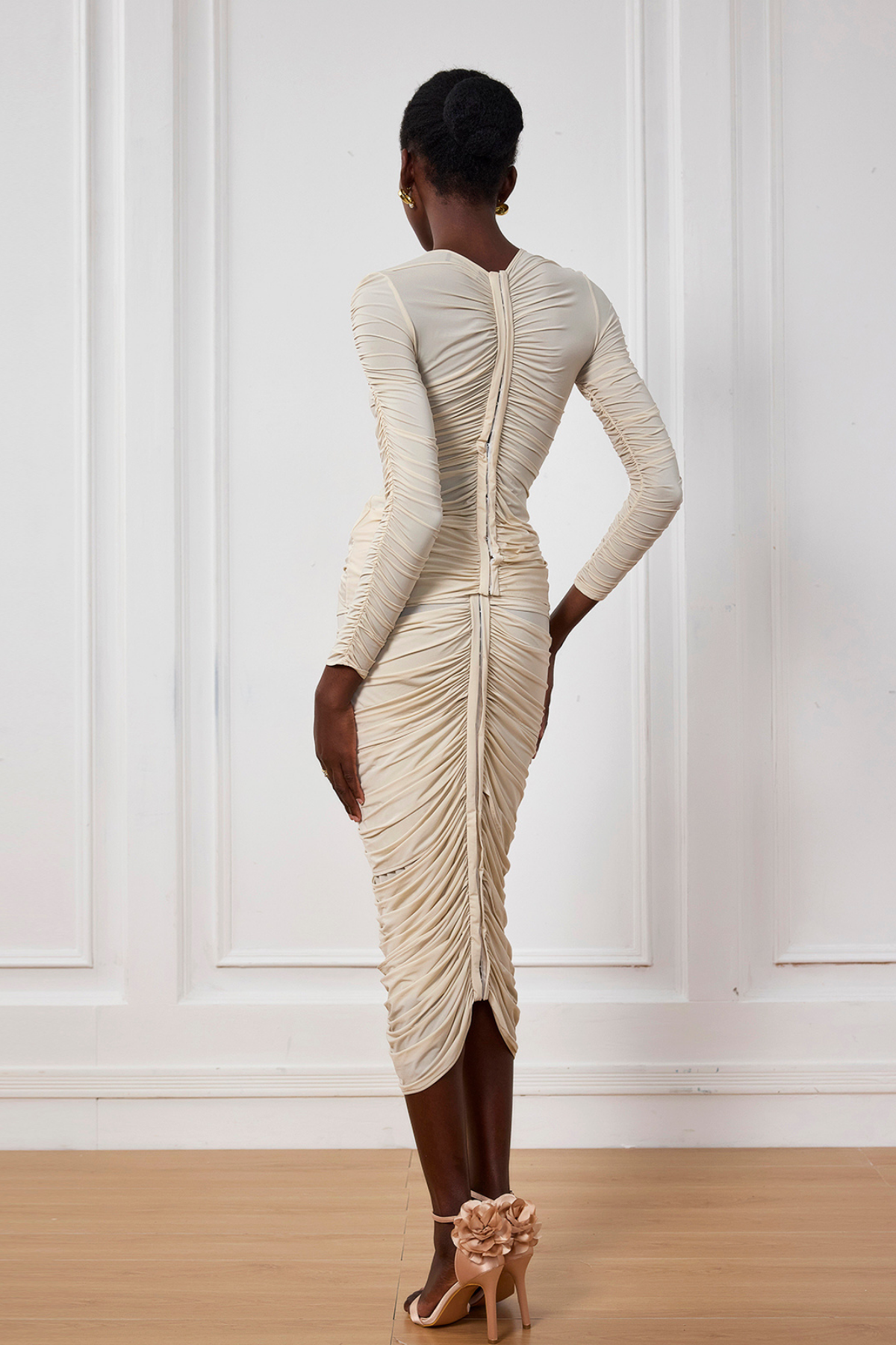 Kenia Çiçekli Büzgülü File Midi Etek