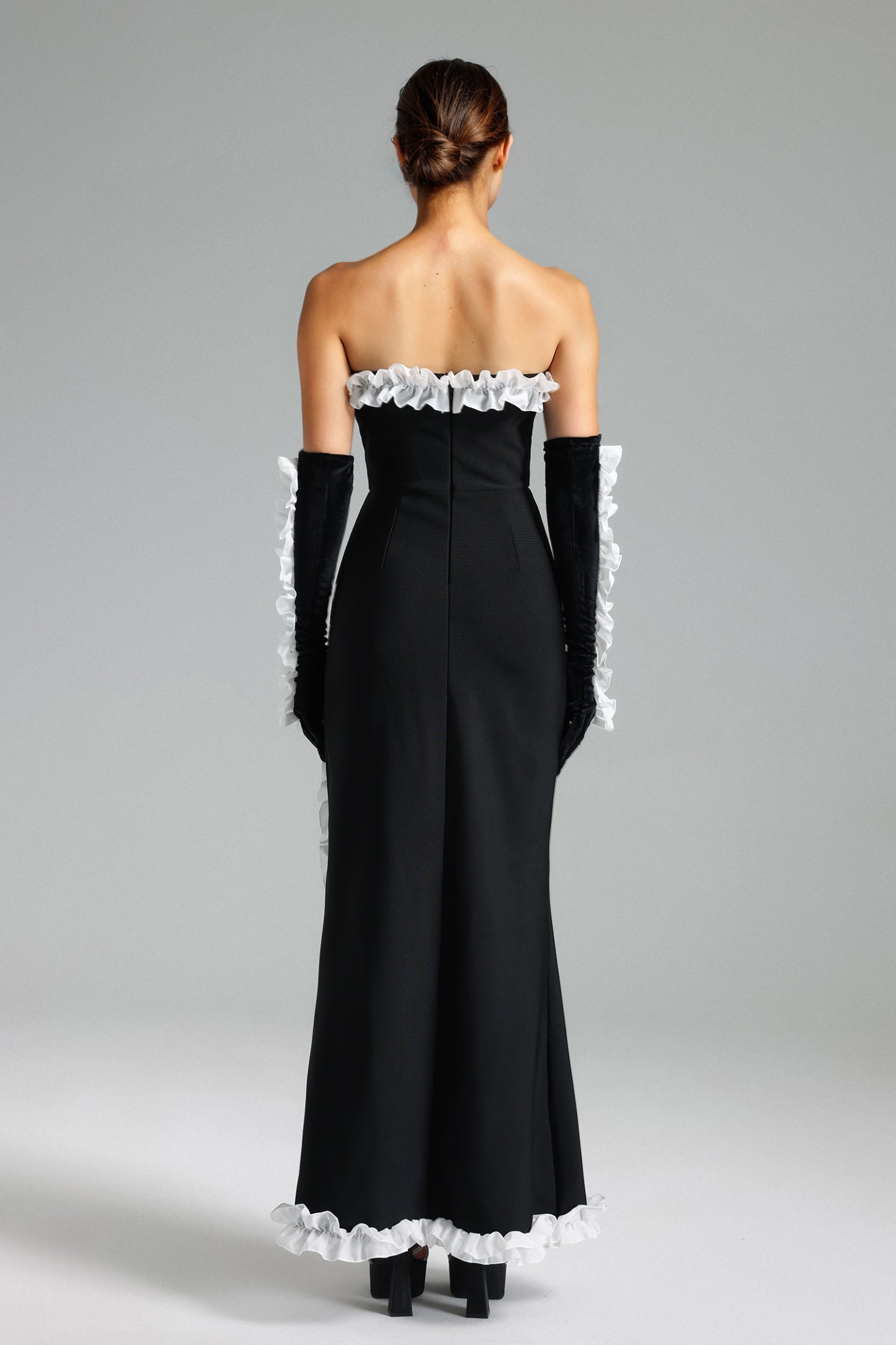 Satin Relic Volanlı Yırtmaçlı Midi Bandaj Elbise