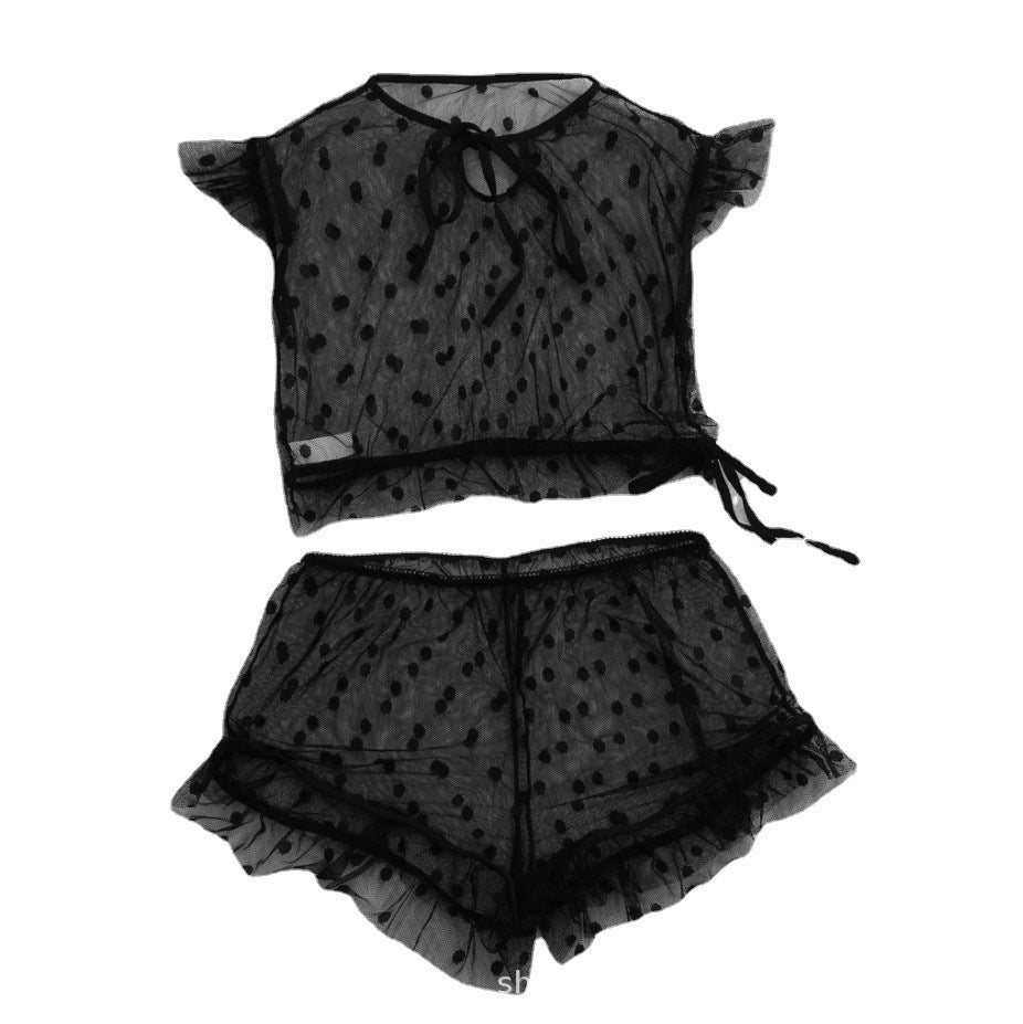 Kadın Şeffaf File Noktalı İki Parçalı Set Seksi Pijama