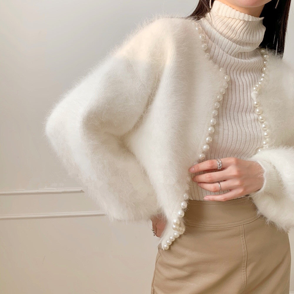 Boncuklu inci kenar kazak örme hırka