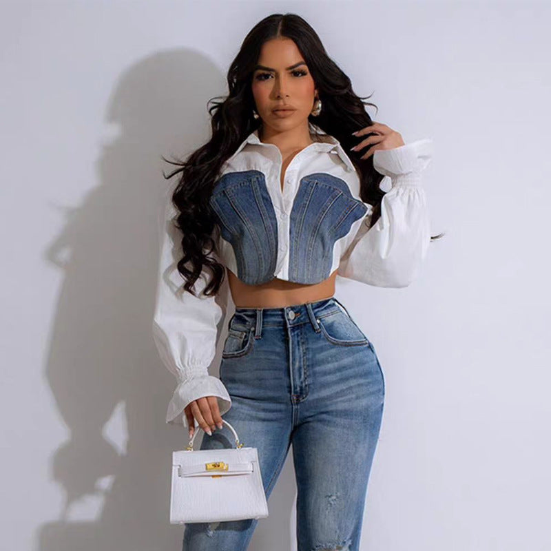 Ether Denim Patchwork Uzun Kollu Gömlek
