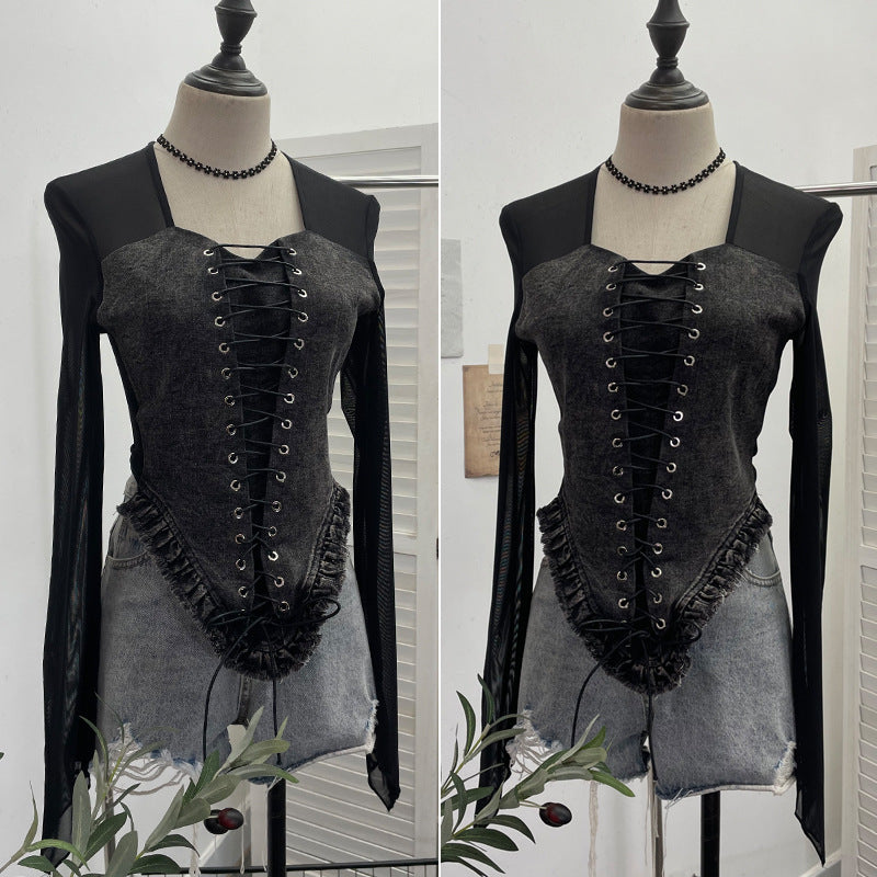 Adriana Denim Uzun Kollu Lace Straplez Üst