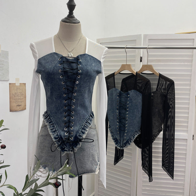 Adriana Denim Uzun Kollu Lace Straplez Üst