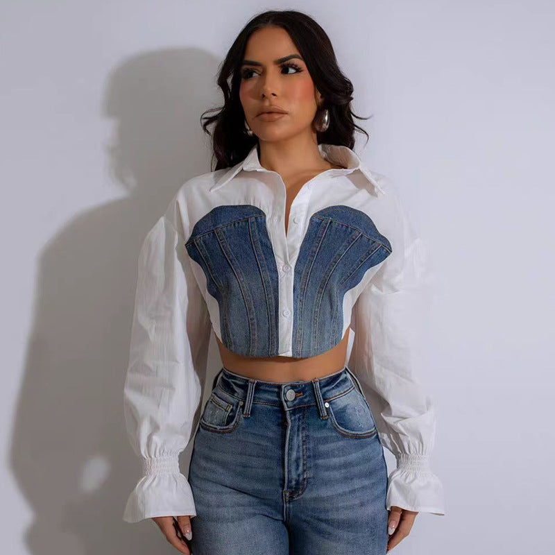 Ether Denim Patchwork Uzun Kollu Gömlek