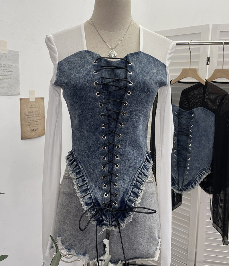 Adriana Denim Uzun Kollu Lace Straplez Üst