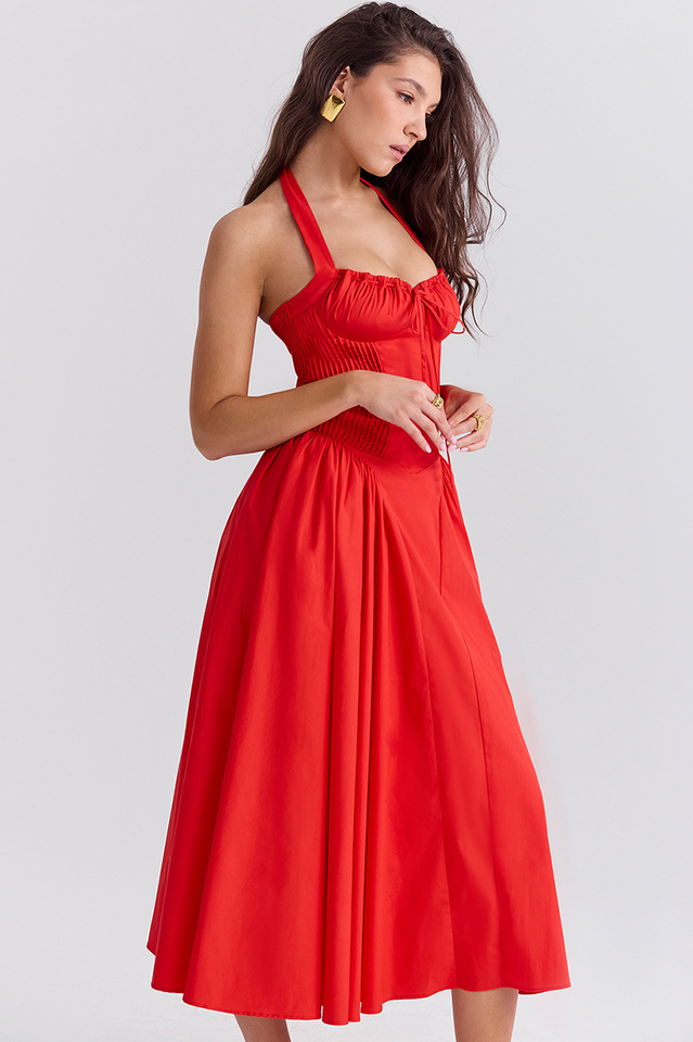 Coral Carousal Midi Elbise