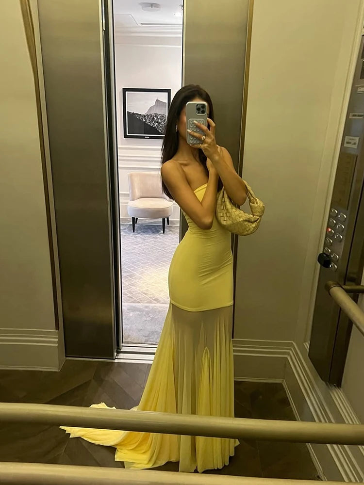 Aurora Violet Pileli Straplez Uzun Elbise