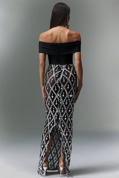 Omuzu Açık Taş İşlemeli Transparan Elbise