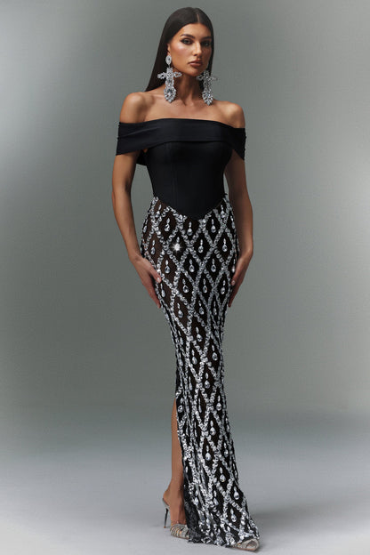 Omuzu Açık Taş İşlemeli Transparan Elbise