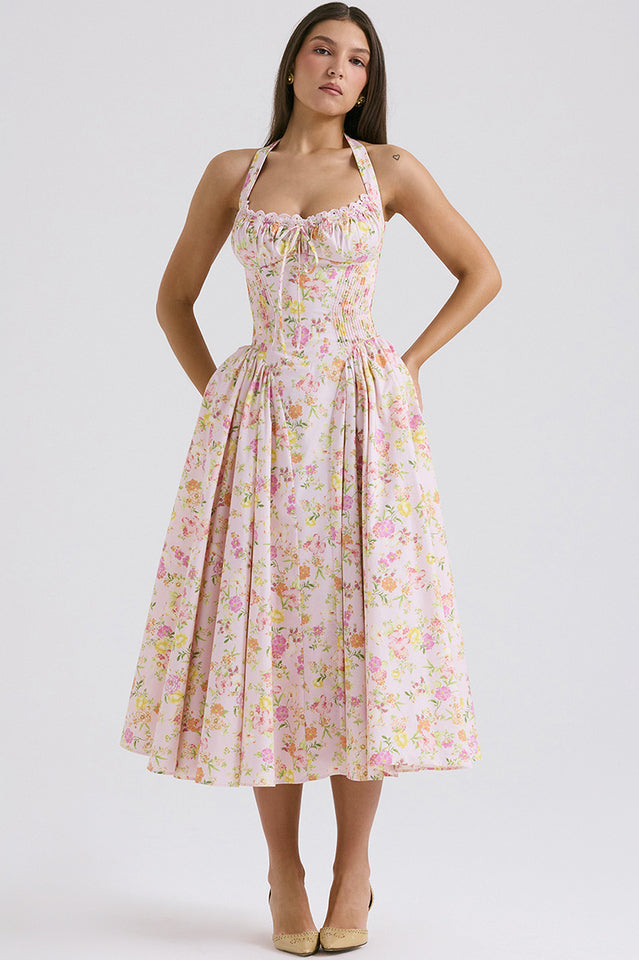 Coral Carousal Midi Elbise