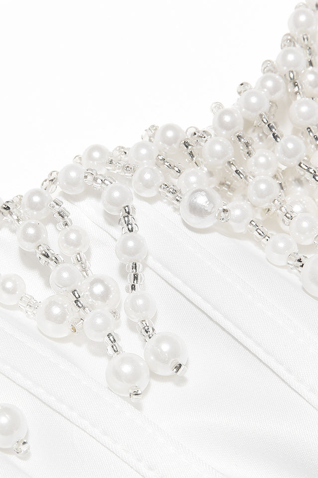 Leona Vintage Krem Boncuklu Straplez Elbise