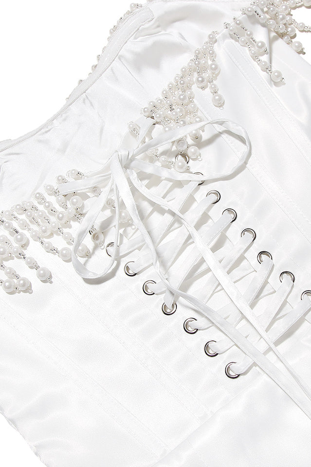 Leona Vintage Krem Boncuklu Straplez Elbise