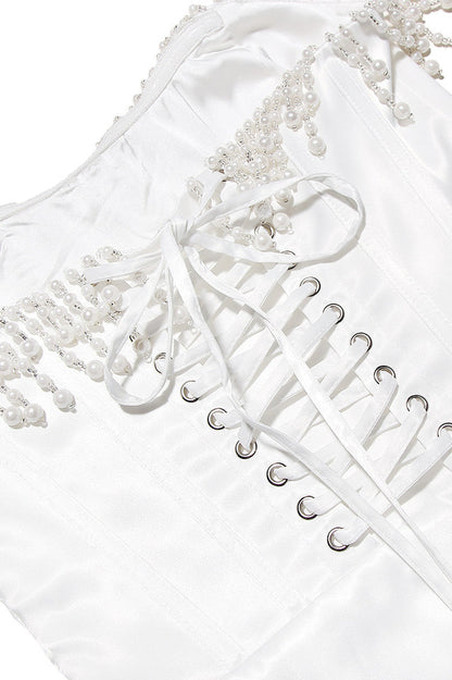 Leona Vintage Krem Boncuklu Straplez Elbise