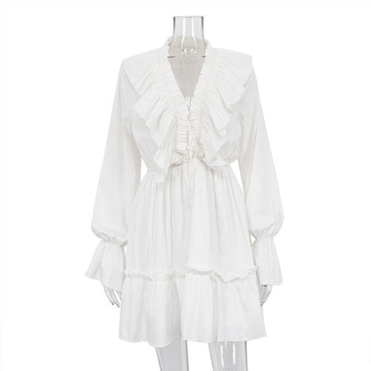 White Horizon V Yaka Volanlı Mini Elbise