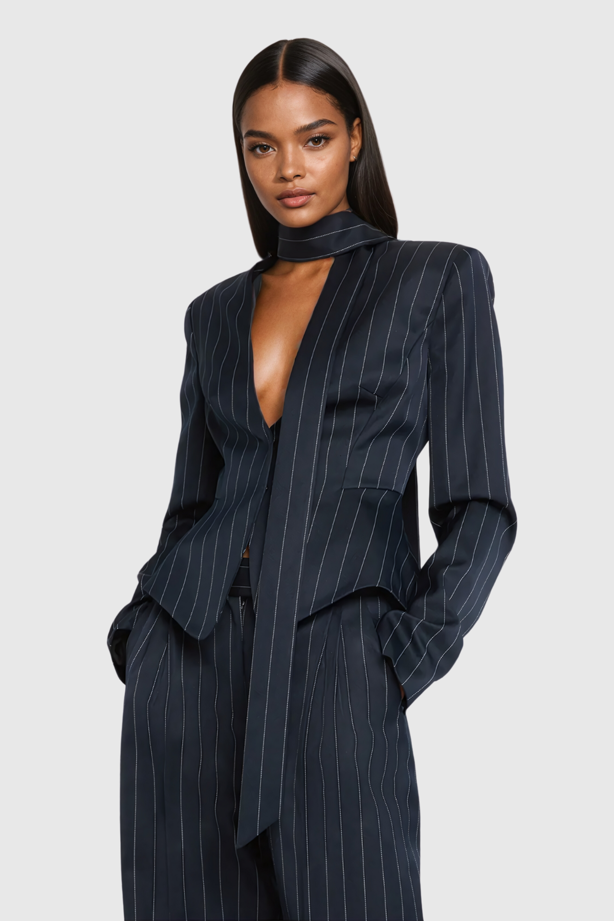 Ahuva Derin Yaka Bağlamalı Çizgili Blazer