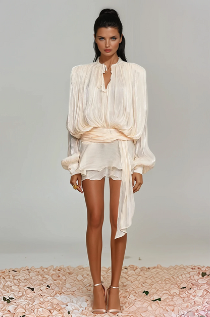 Aminah Balon Kollu Büzgülü Fırfırlı Mini Elbise (Kayısı Rengi)