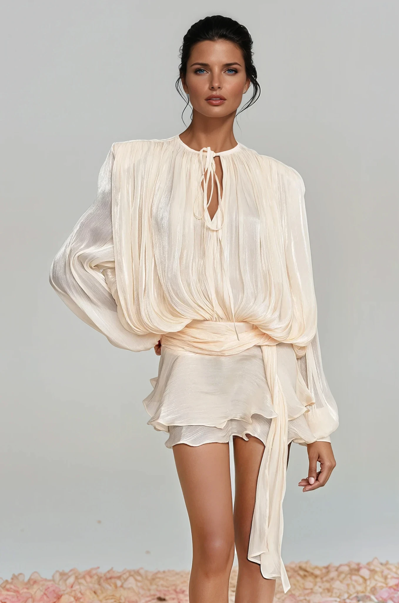 Aminah Balon Kollu Büzgülü Fırfırlı Mini Elbise (Kayısı Rengi)