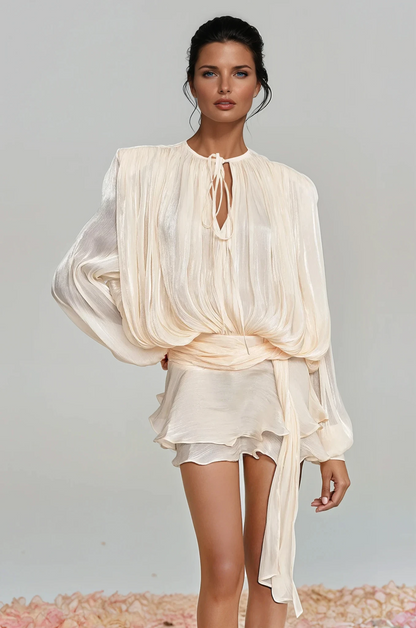 Aminah Balon Kollu Büzgülü Fırfırlı Mini Elbise (Kayısı Rengi)