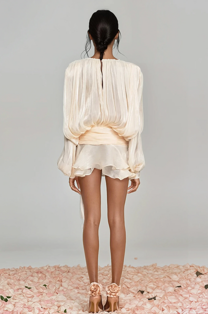 Aminah Balon Kollu Büzgülü Fırfırlı Mini Elbise (Kayısı Rengi)