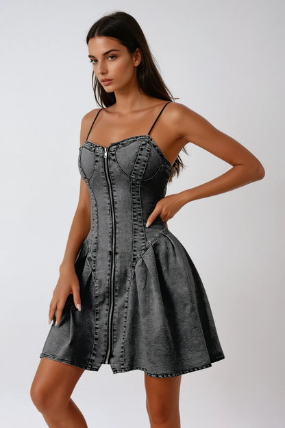 Angela Fax Fırfırlı Denim Mini Elbise