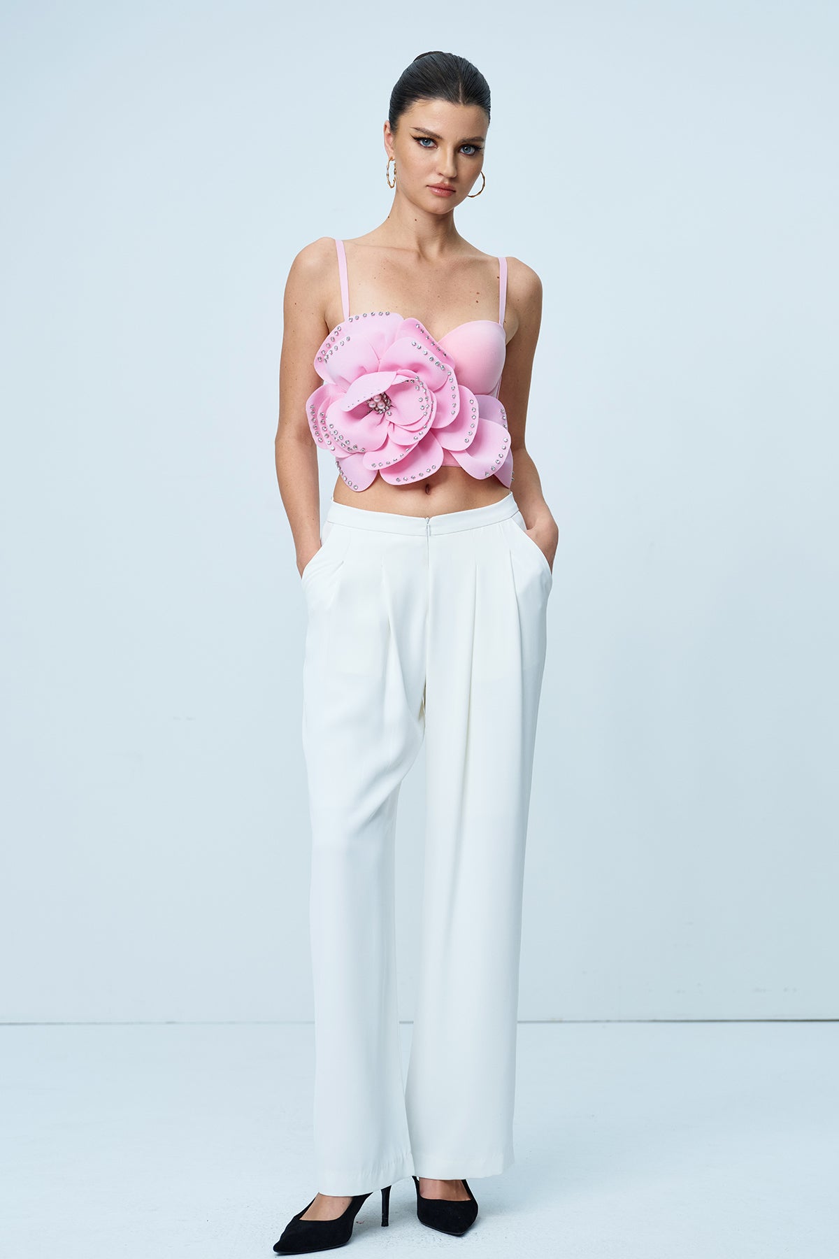 Anjanette Çiçek Spagetti Taşlı Üst Pembe