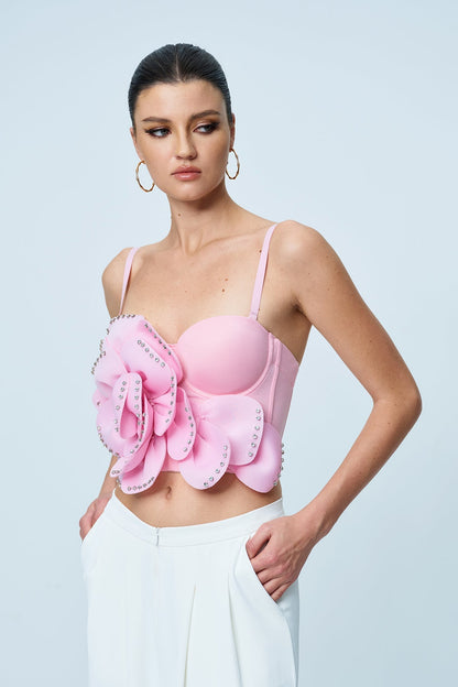 Anjanette Çiçek Spagetti Taşlı Üst Pembe