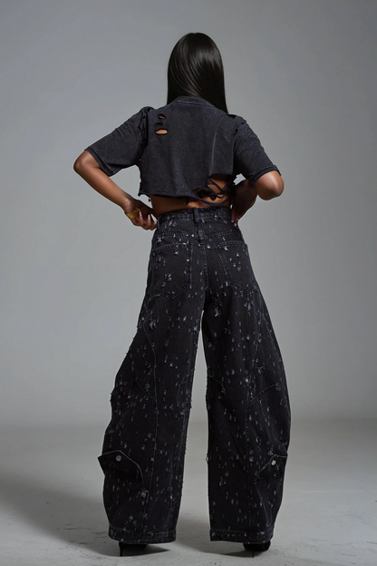 Ayah Yırtık Asimetrik Kot Pantolon