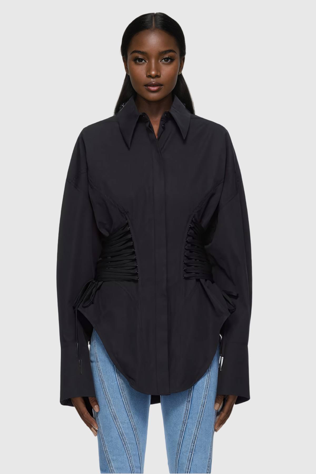 Bagheera Ruch Büzgülü Siyah Gömlek