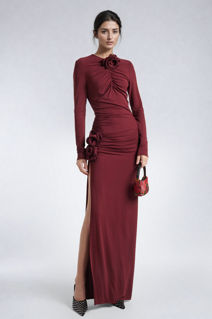 Ballard Büzgülü Yırtmaçlı Çiçekli Vücuda Oturan Maxi Elbise