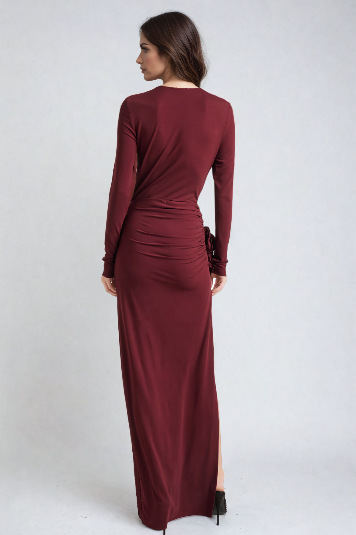 Ballard Büzgülü Yırtmaçlı Çiçekli Vücuda Oturan Maxi Elbise