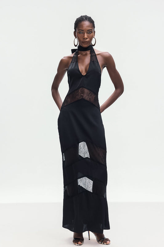 Angelique Satin Siyah Cutout Maxi Elbise