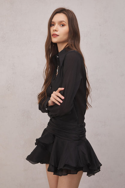 Brinley Ruched Fırfırlı Mini Elbise (Siyah)