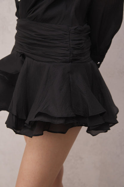 Brinley Ruched Fırfırlı Mini Elbise (Siyah)