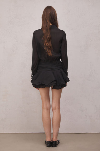 Brinley Ruched Fırfırlı Mini Elbise (Siyah)