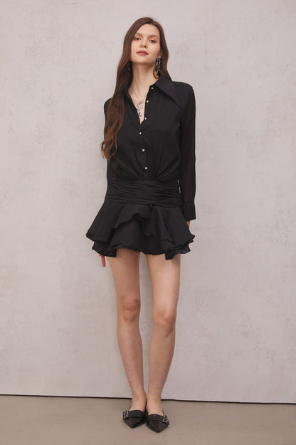 Brinley Ruched Fırfırlı Mini Elbise (Siyah)