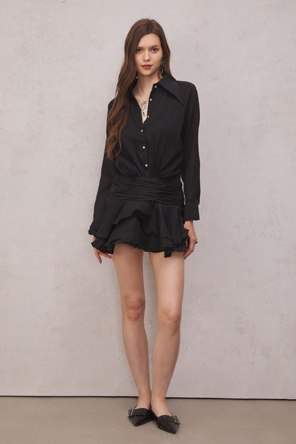 Brinley Ruched Fırfırlı Mini Elbise (Siyah)