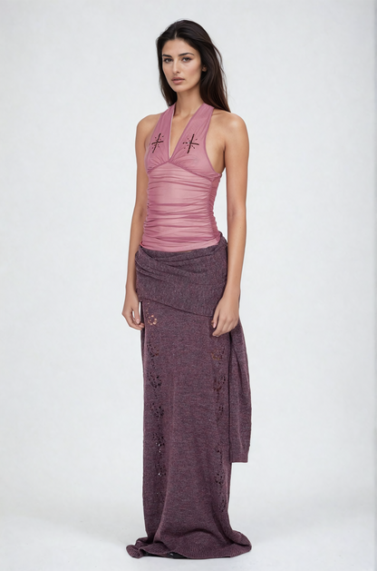 Dakota Boyundan Bağlamalı Sırtı Açık Dantelli Pembe Üst