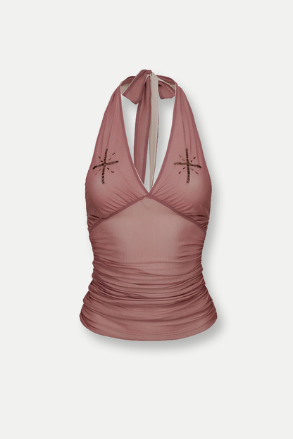 Dakota Boyundan Bağlamalı Sırtı Açık Dantelli Pembe Üst