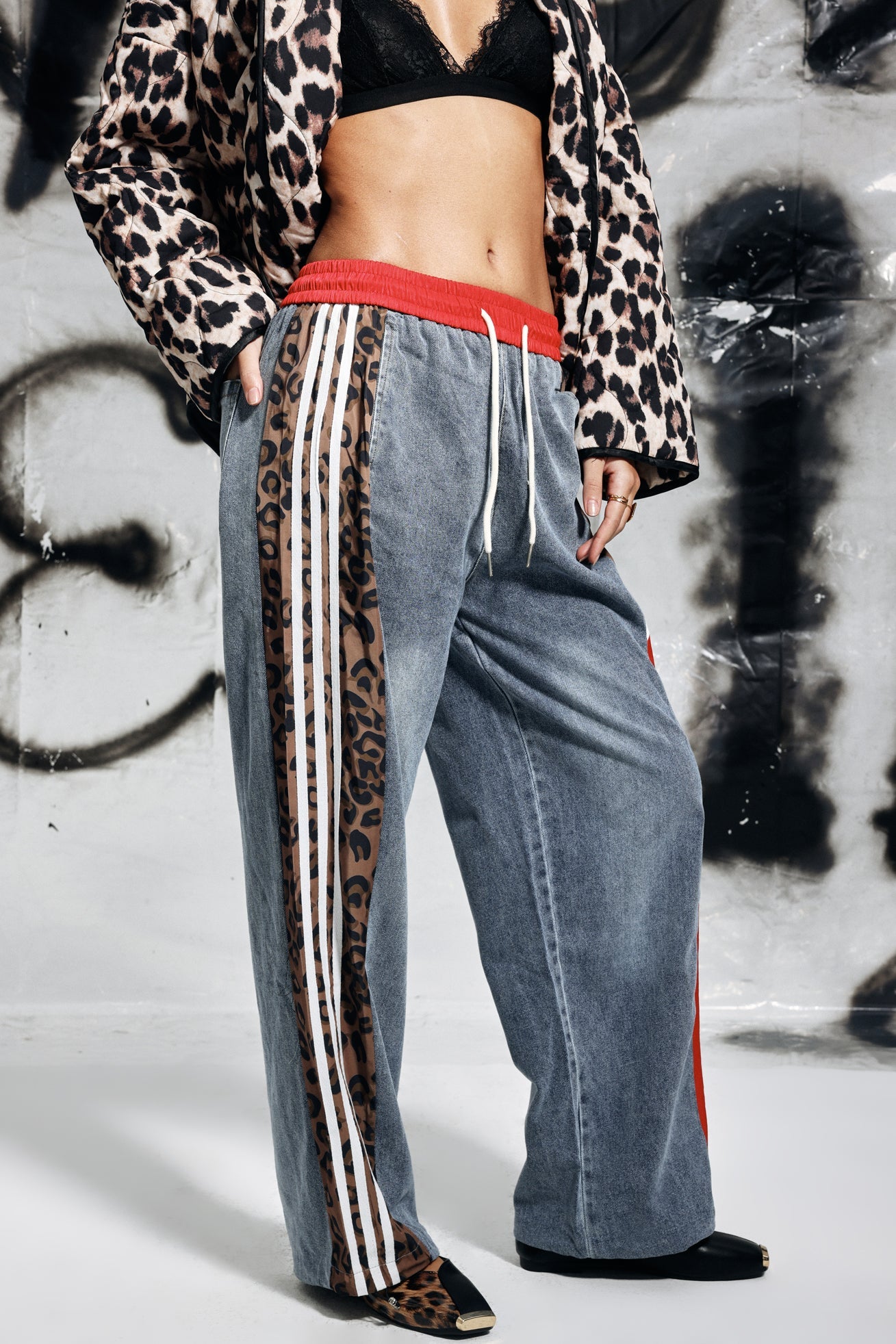 Erica Leopar Desenli Parçalı Çizgili Kot Pantolon