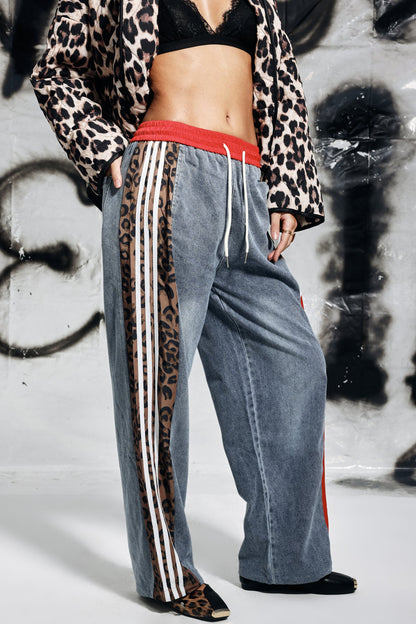 Erica Leopar Desenli Parçalı Çizgili Kot Pantolon