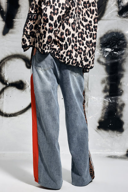 Erica Leopar Desenli Parçalı Çizgili Kot Pantolon