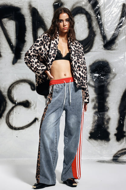 Erica Leopar Desenli Parçalı Çizgili Kot Pantolon